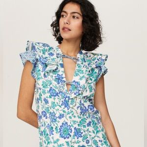 Derek Lam 10 Crosby Najah Ruffle Blouse Floral Print Blue Green‎ V-Neck size 0